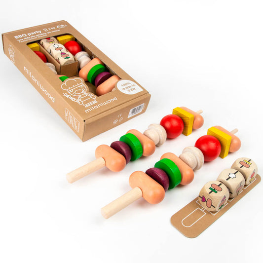 BBQ Party - Vista frontale della confezione con due spiedini in legno e dadi in legno.